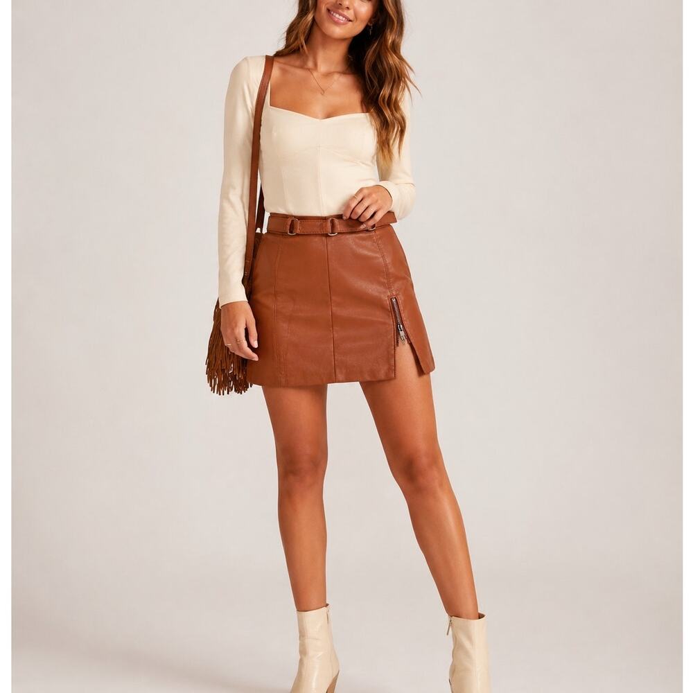 Free People Brown Faux Leather Mini Skirt Womens 0 Festival Classic Boho A Line